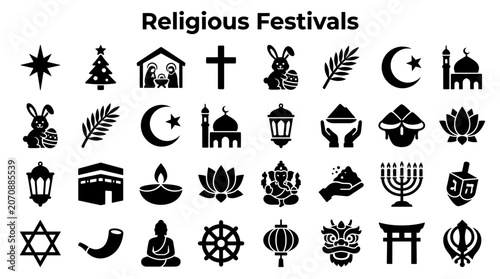 Quadro em tela Collection of diverse religious and cultural symbols representing global festiva