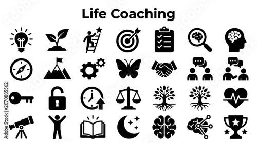 Slika na platnu Life coaching icons representing personal growth, success, goals, strategy, and
