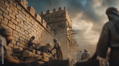 Nehemiah oversees the rebuilding of Jerusalem’s wall as workers lay stones and guards remain watchful, demonstrating faith, perseverance, and determination in the face of opposition.
