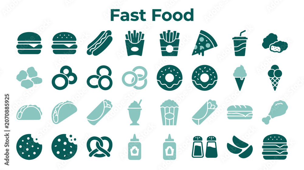 Fototapeta premium Collection of popular fast food icons and symbols representing a variety of delicious and unhealthy meal options