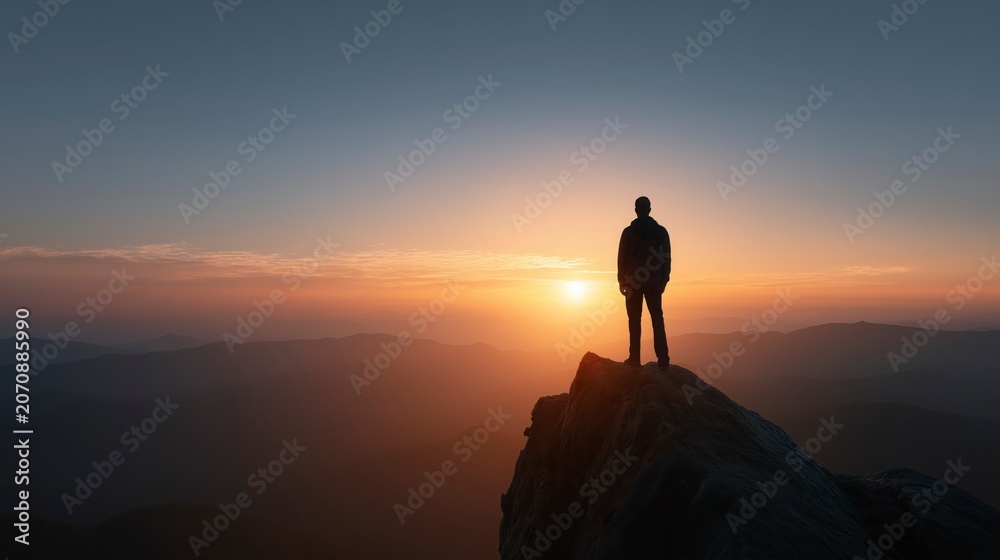 Fototapeta premium Standing on the mountain peak at sunrise, the distant horizon reminds us that perseverance and vision can reveal possibilities beyond every obstacle. 