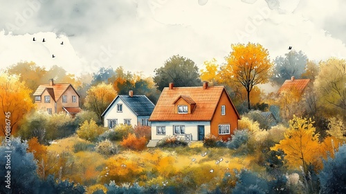 Charming European village with autumn trees