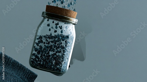 Glass jar filled with dark blue water droplets and a cork stopper