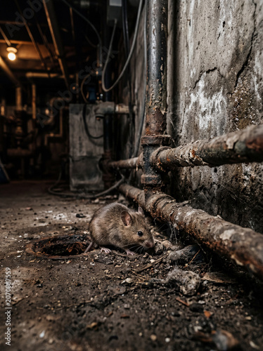 Small mouse hiding in a damp basement beside rusty pipes and damaged walls, illustrating rodent infestation, property maintenance issues, sanitation concerns, pest control, and building hygiene.