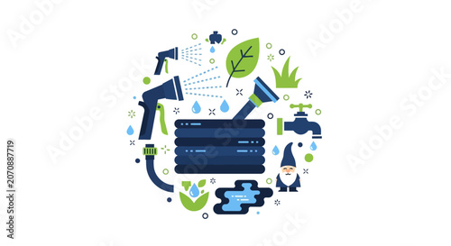 Garden Watering Equipment and Irrigation Tools Flat Vector Illustration Circle Composition