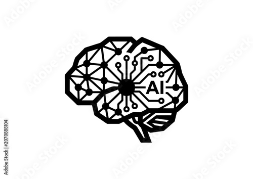 Black Vector AI Brain Icon with Geometric Circuit Lines and Artificial Intelligence Text for Technology and Futuristic Design