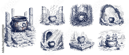 Konstfotografi Cauldron engraving set ancient ruins in vintage hand-drawn illustration style featuring mystical pots, classical columns, pagan stone altars, overgrown temple arches and fantasy alchemy concepts