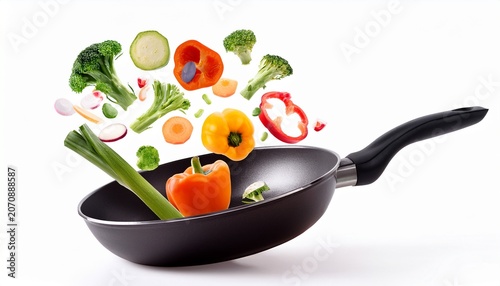 vegetables fall into a black frying pan on a white background healthy food concept