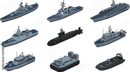 Fotografie Isometric Military Navy Fleet Vector Set Featuring Aircraft Carrier Submarine Ba