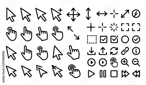 Foto Black and white computer cursor icons with click and hand pointer symbols editab