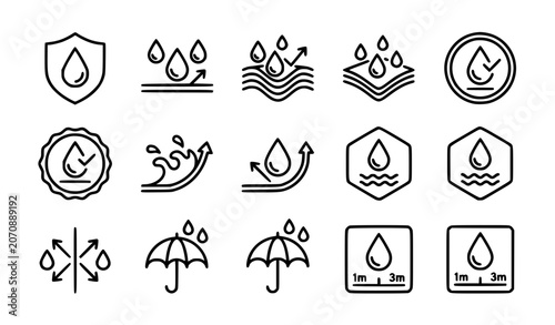 Fotografie Black and white waterproof icon set with water resistant shield and liquid prote