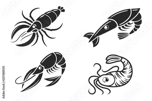 Four stylish black and white seafood icons