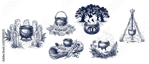 Cuadro en lienzo Witch cauldron magic potion illustration set featuring medieval engraving vignettes of pagan rituals, wiccan occult symbols, druid stone circles, and campfire cooking in a vintage woodcut style