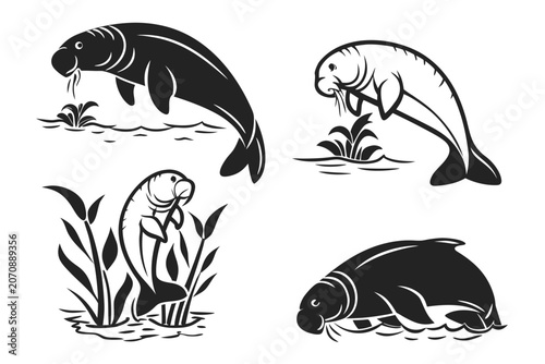 Four stylized swimming sea creatures vector icons
