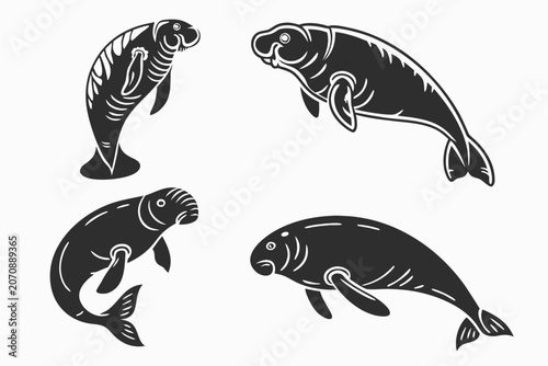 Black and white fish swimming vector icons