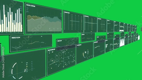 Playback starting, camera sweeping rightward along data wall on transparent bg, showing data trends