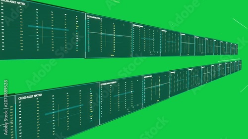 View sliding right revealing data wall panels scanning ticker updating market, transparent bg