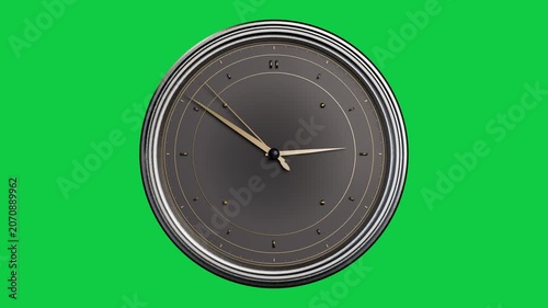 Camera zooming in, starting clock scaling as gold hands sweeping, showing dial on transparent bg