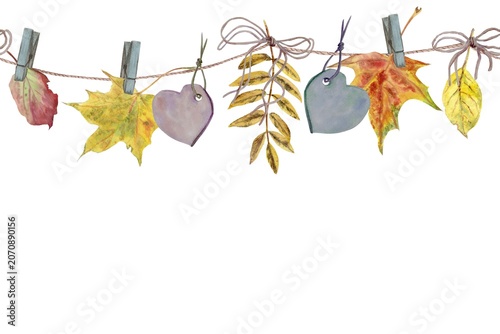 A hand-painted watercolor seamless border featuring autumn red, yellow, and orange leaves and a heart, suspended from blue clothespins on a string, on an isolated background. Simple clipart