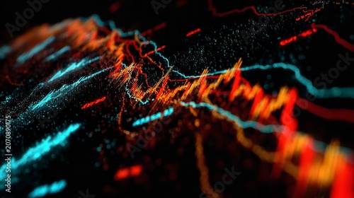 Abstract digital visualization of fluctuating data trends with glowing lines and particles.