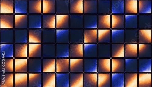 Grid of glowing square tiles with alternating orange and blue light patterns abstract background electronic geometry