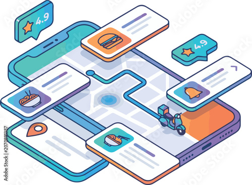 Isometric food delivery app tracking