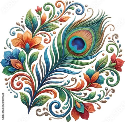 Intricate peacock feather floral mandala