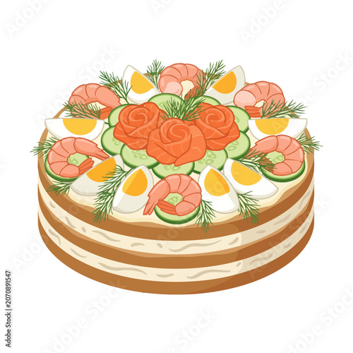 Swedish traditional sandwich cake with smoked salmon and shrimps - vector illustration.