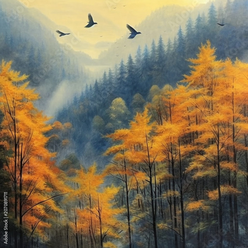Serene Autumn Nature with Forest Birds