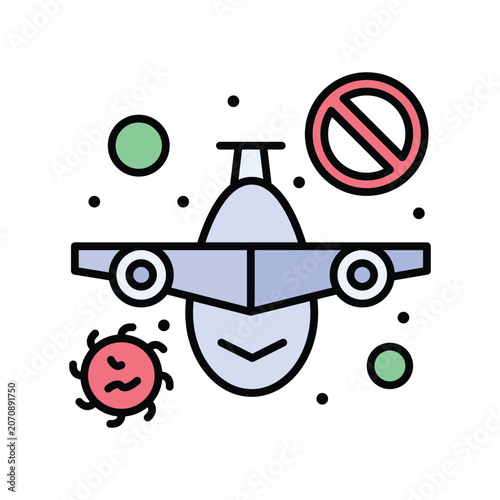 Airplane icon with travel restriction symbol and virus particle, airplane