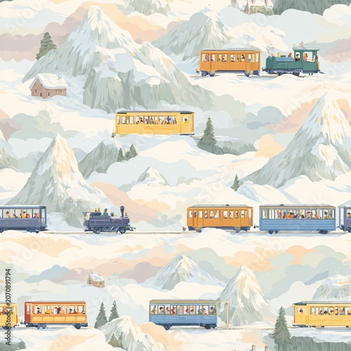 Trains move through snowy mountains, creating a lively and colorful pattern