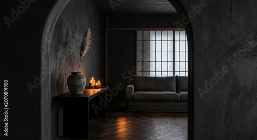 Dark Moody Japandi Interior with Stone Arch Candles Pampas Grass Vase and Shoji Screen