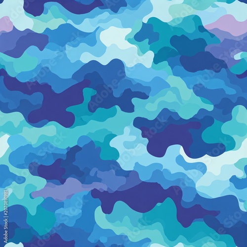Colorful seamless patterns feature varying shades of blue in abstract forms
