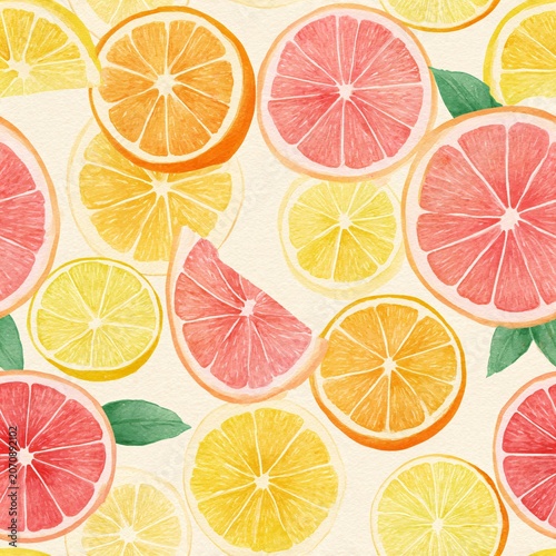 This artwork features a seamless pattern of lemons, limes, and oranges