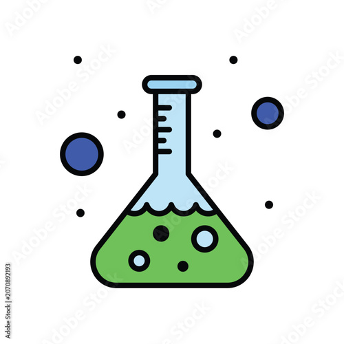 Laboratory glass erlenmeyer flask with green chemical liquid, laboratory