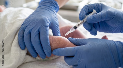 Healthcare Professional Administering Vitamin K Injection to Newborn Baby in a Hospital Setting