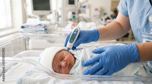 Healthcare Worker Checking Temperature of a Newborn Baby in a Hospital Bassinet with a Digital Ear Thermometer in a Neonatal Unit