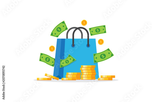 vector illustration of shopping bag surrounded by flying dollar bills and gold coins with stacked coins in front, conveying shopping, profit, ecommerce sales, cashback rewards.