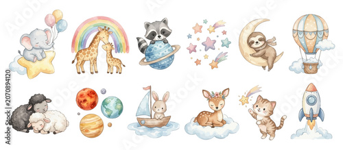 Εκτύπωση καμβά Fantasy Sky Animals, Rainbow and Celestial Nursery Elements in Watercolor Style