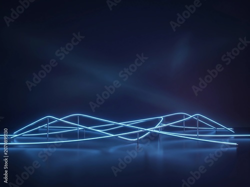 Abstract Blue Neon Wavy Lines on Dark Reflective Background