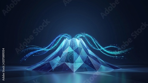 Futuristic Digital Mountain with Glowing Blue Data Streams