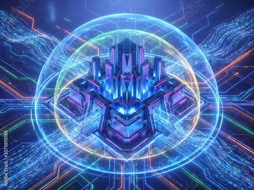 Futuristic Digital Core Protected by a Glowing Energy Shield