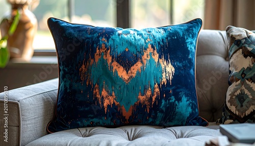 Blue cushion on gray sofa.