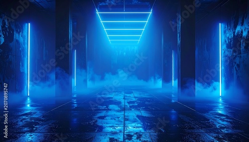 Blue lit corridor.