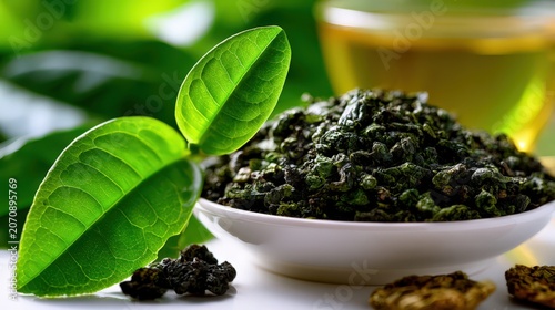 Fresh green tea leaves sit beside a bowl of loose-leaf tea