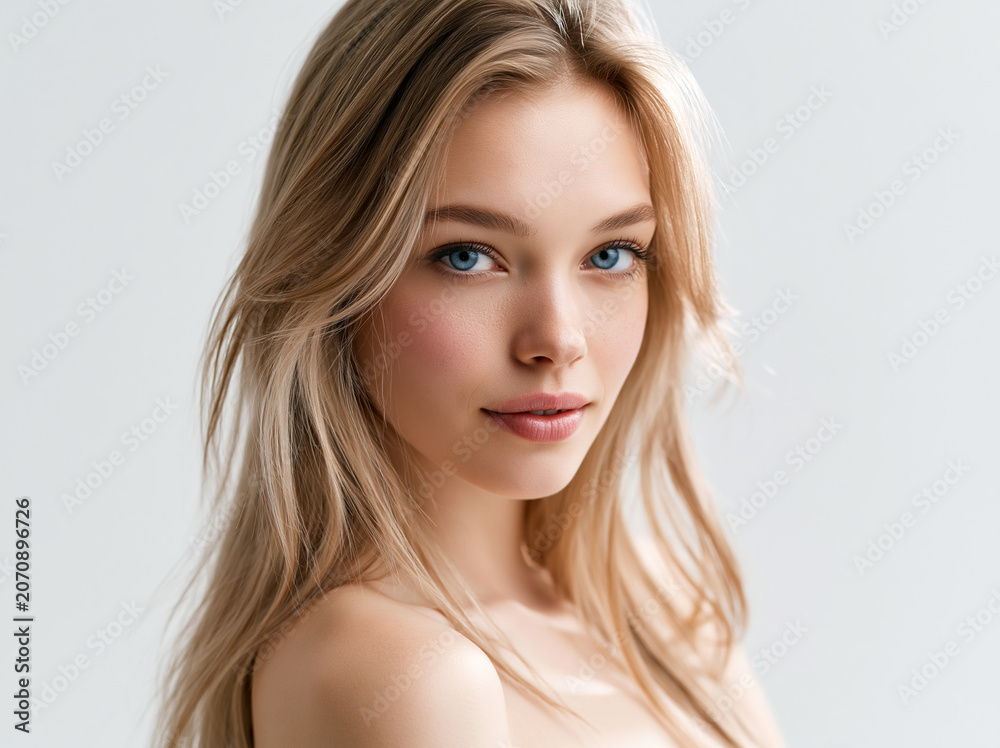 Naklejka premium young blonde woman smiling in studio portrait, cheerful blonde female headshot isolated on white, friendly young woman beauty portrait with smile