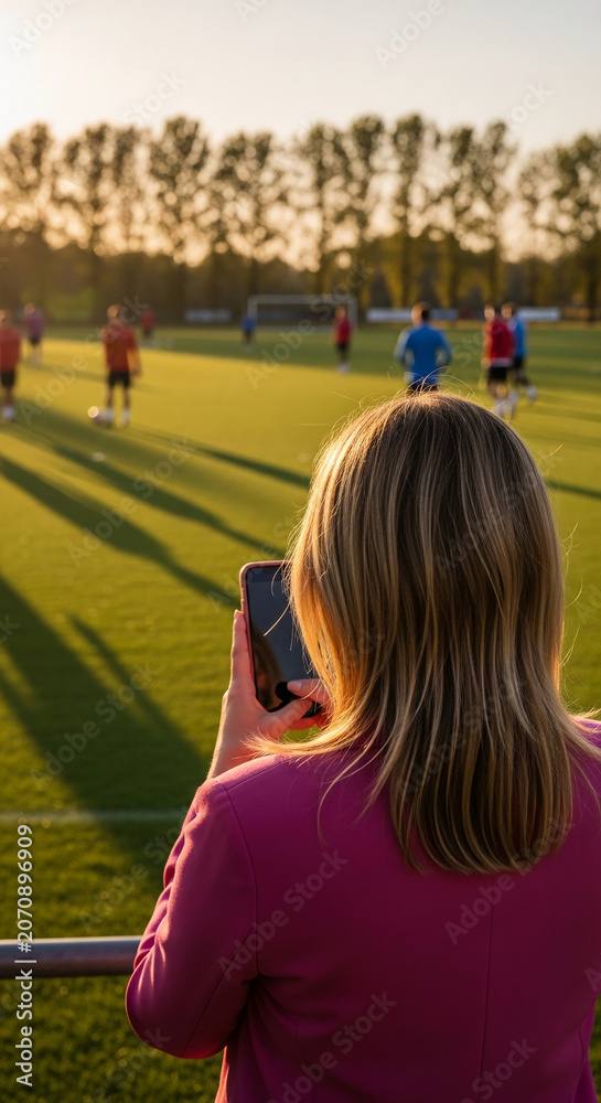 Naklejka premium Woman filming soccer practice with phone at sunset, capturing a sports moment.