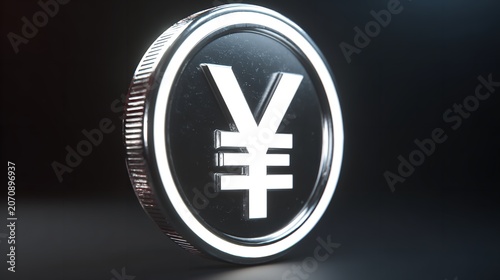 Shimmering silver coin with Yen symbol, representing wealth and financial success