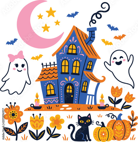 Cute hand drawn watercolor illustration of a spooky haunted house with ghosts a black cat pumpkins and flowers under a crescent moon