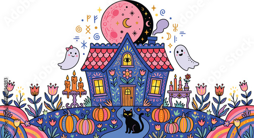 Whimsical hand drawn illustration of a haunted house at night with ghosts pumpkins a black cat and a large full moon background